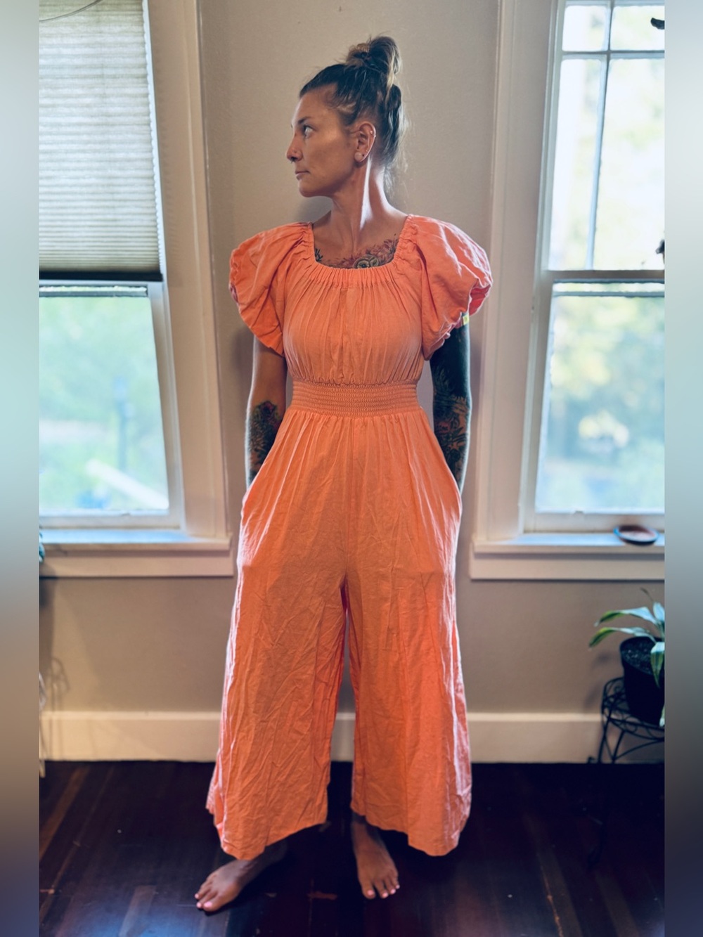 Bambolina Off-the-Shoulder Puff Sleeve Wide Leg Jumpsuit - Peach Smocked Bodice